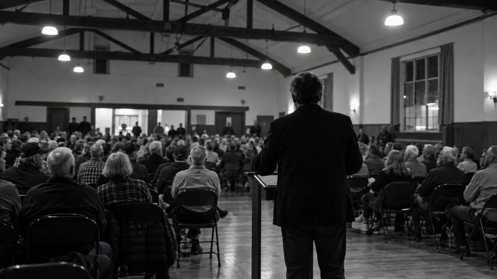 Rally attendees watch a speaker at an indoor venue in Sioux City, Iowa, under bright stage lights. (AI-generated image / EconoTimes)