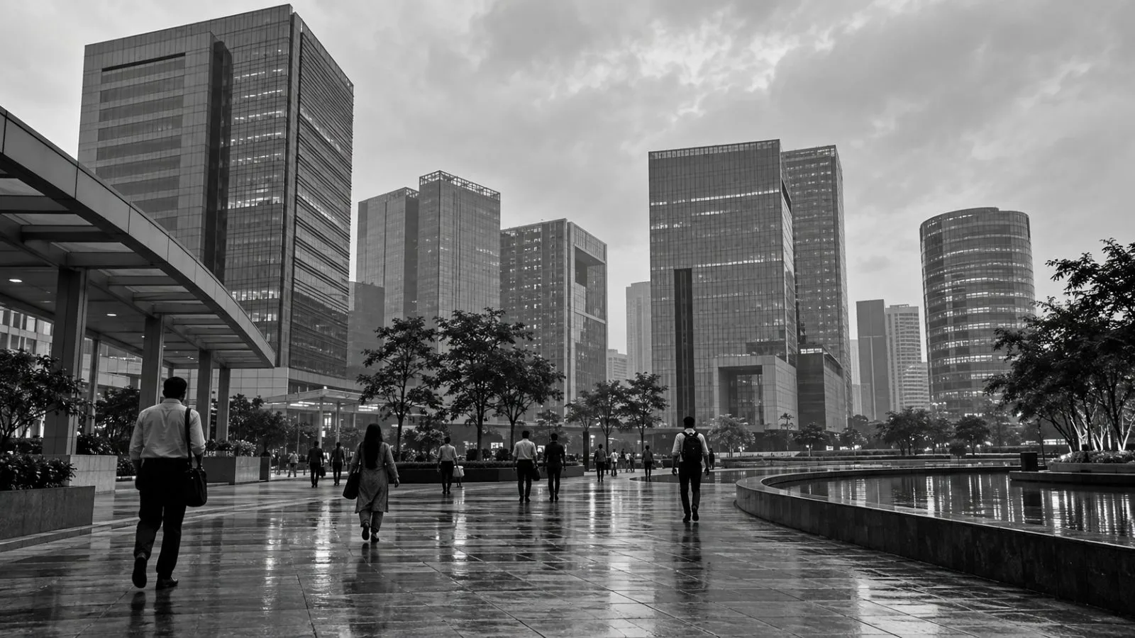 Office workers cross the Bandra Kurla Complex business district in Mumbai, India, on an overcast morning. (AI-generated image / EconoTimes)