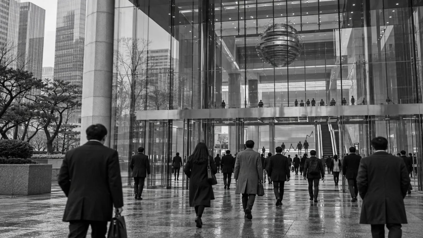 Visitors enter the Korea Exchange building in Seoul on an overcast afternoon. (AI-generated image / EconoTimes)