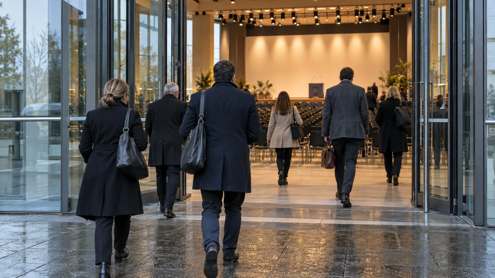 Guests enter a conference hall in Berlin on an overcast evening. (AI-generated image / EconoTimes)