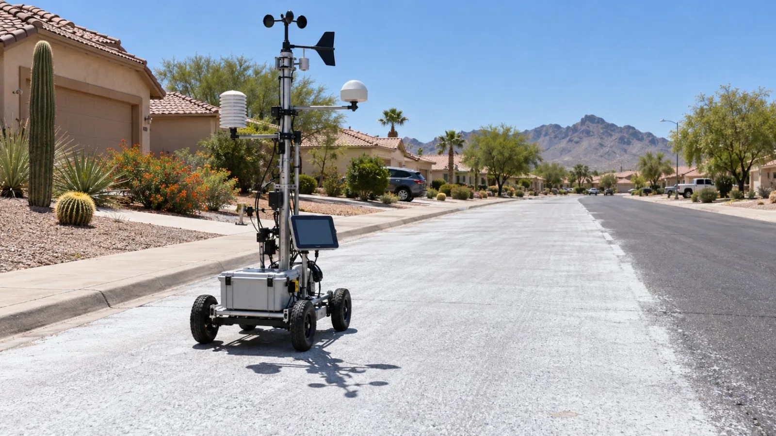 A mobile heat-measurement cart stands on a reflective residential street in Phoenix, Arizona. (AI-generated image / EconoTimes)