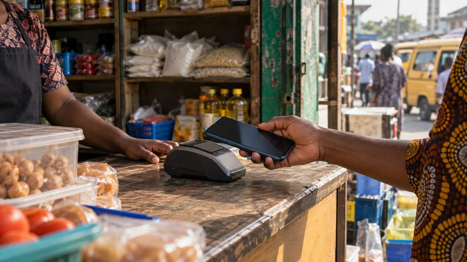A customer taps a phone at a checkout terminal in Lagos, Nigeria. (AI-generated image / EconoTimes)