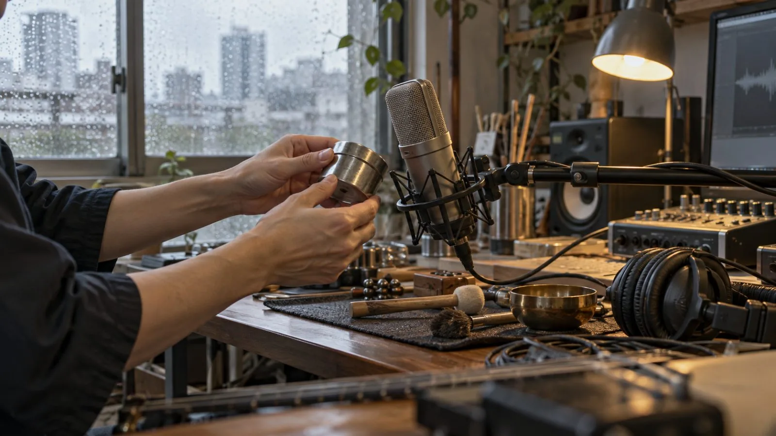 A microphone and metal percussion object sit among recording equipment in a Tokyo studio. (AI-generated image / EconoTimes)