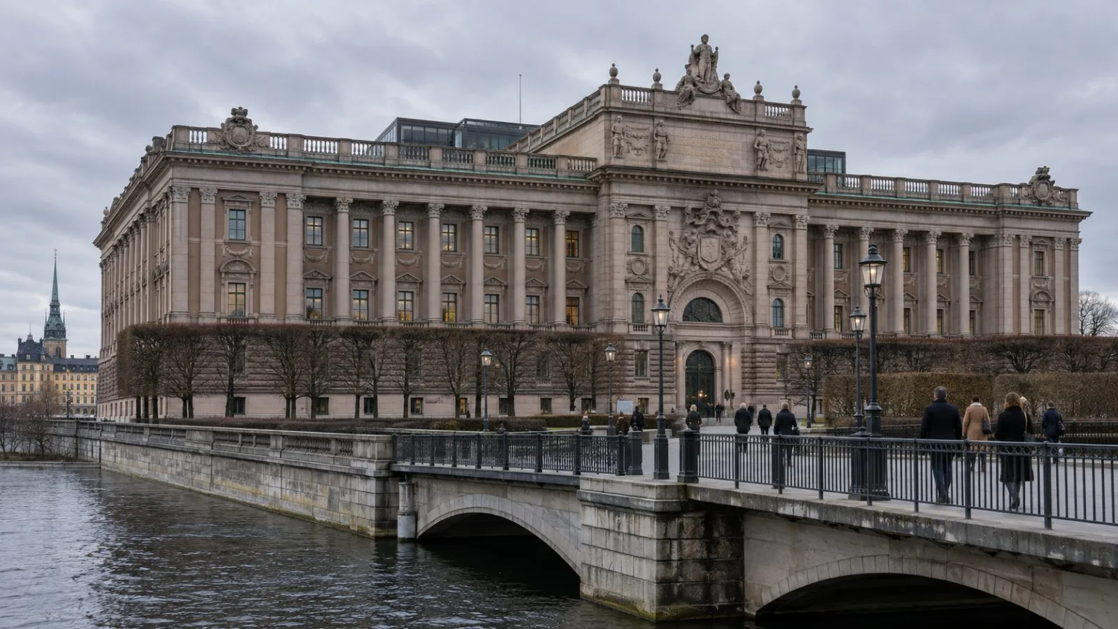 People approach the Riksdag building in Stockholm under an overcast sky. (AI-generated image / EconoTimes)