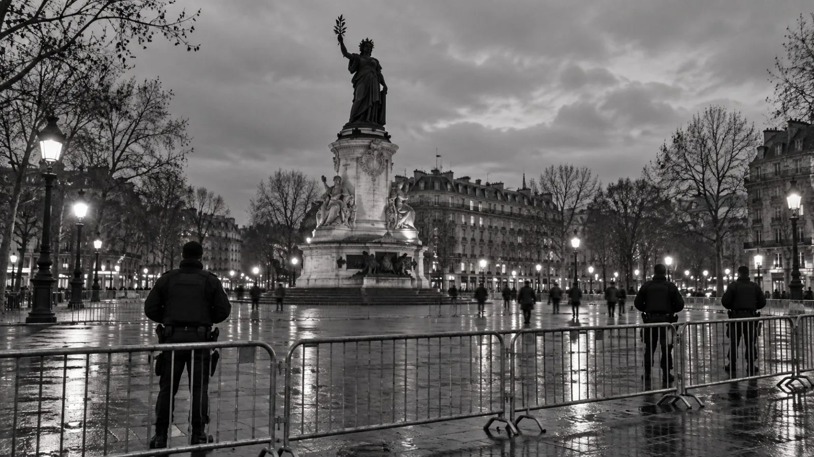 Police barriers mark Place de la République in Paris on Monday evening. / EconoTimes.ai
