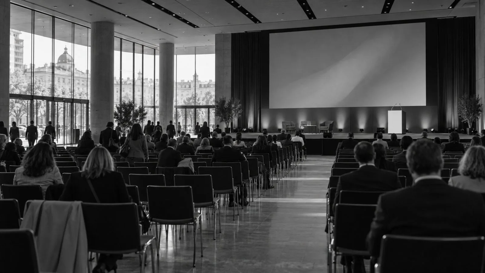 Attendees take seats before an oncology congress presentation in Madrid, Spain. (AI-generated image / EconoTimes)