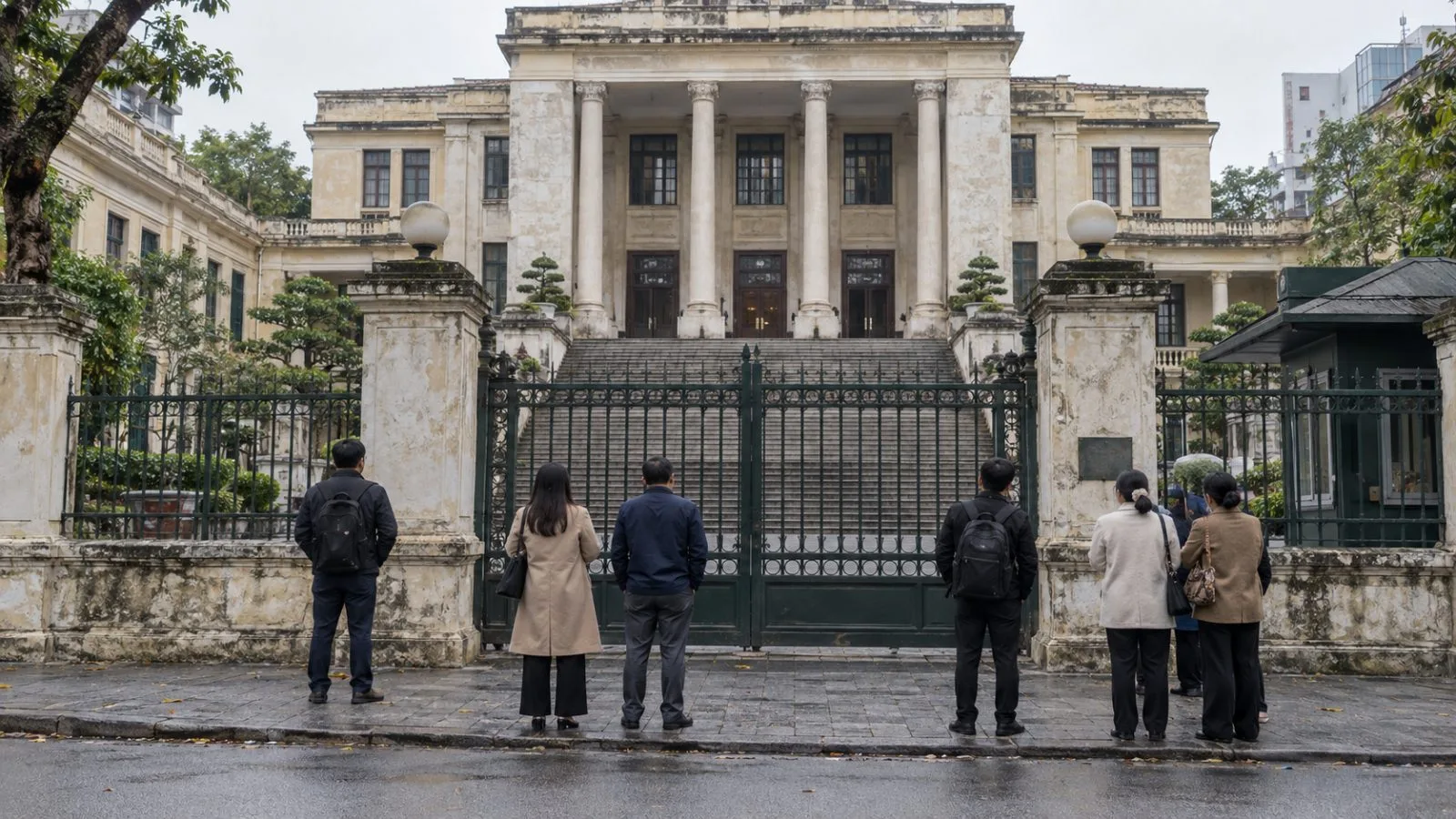 People wait outside a Hanoi courthouse ahead of a major alleged forex fraud trial. (AI-generated image / EconoTimes)