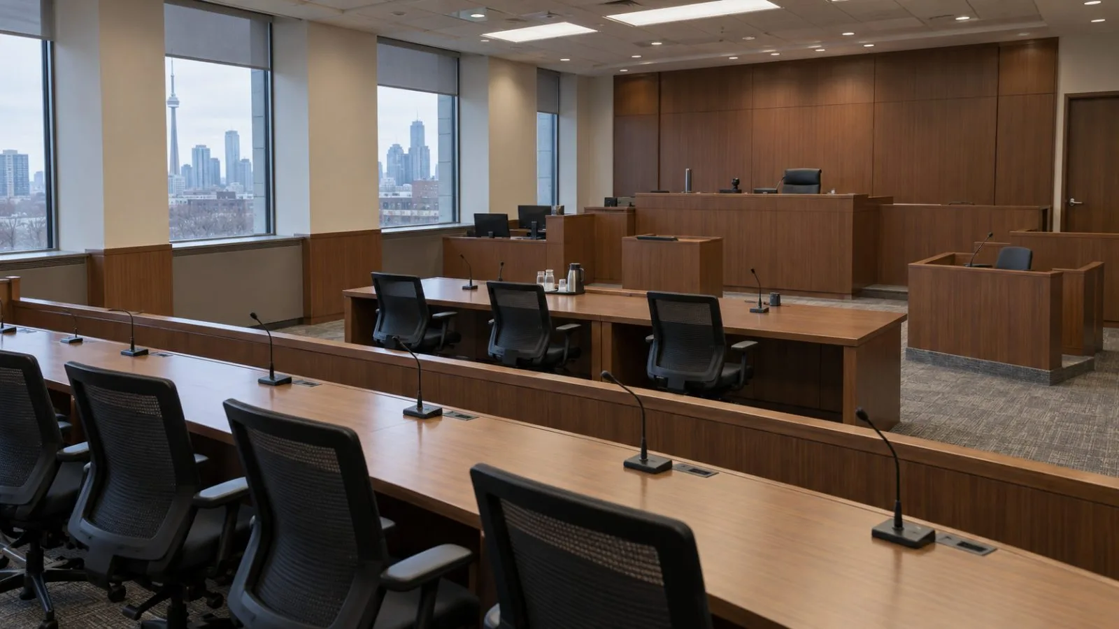 Empty jury chairs face microphones in a Toronto coroner’s inquest hearing room (AI-generated image / EconoTimes)