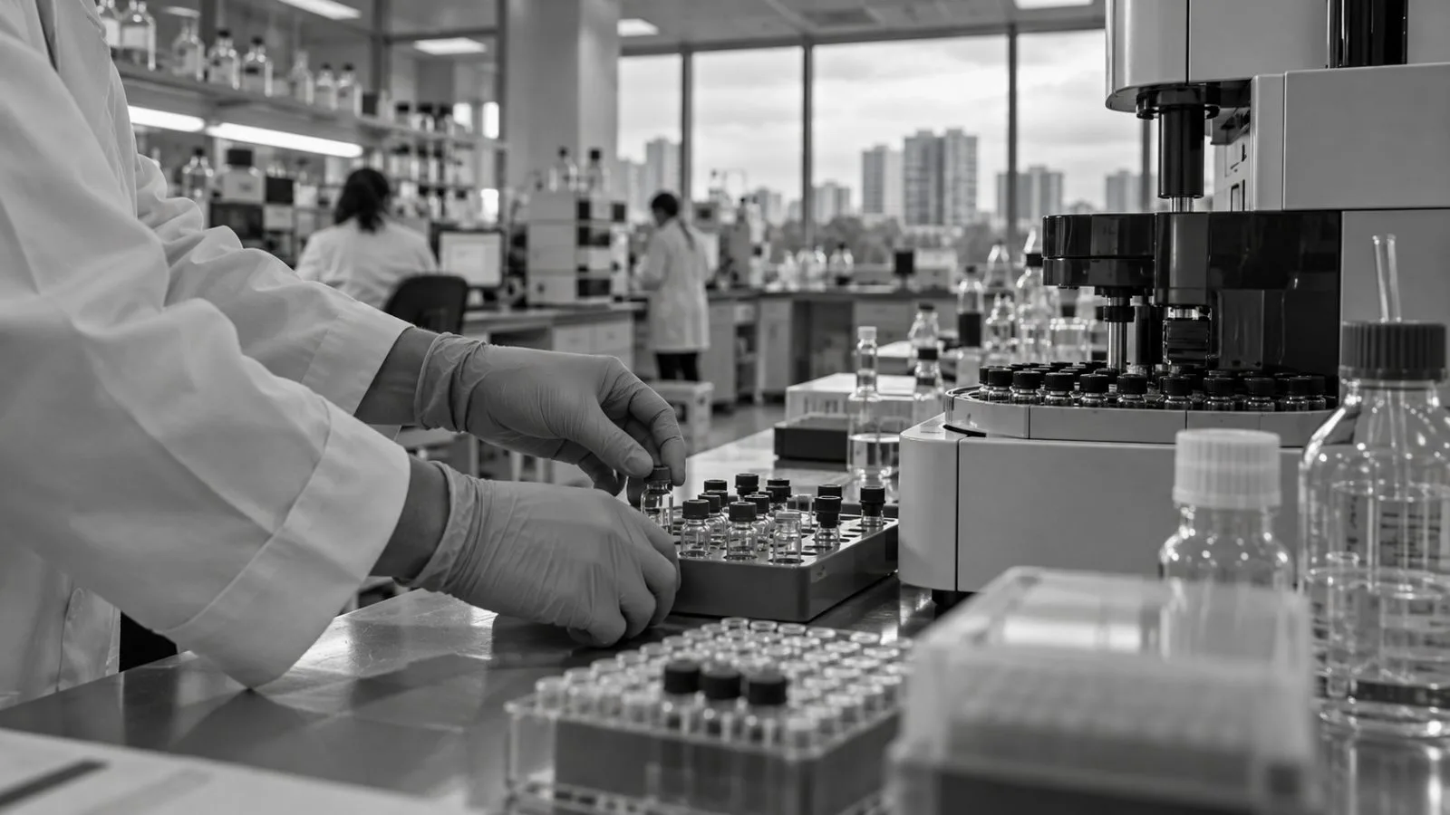 A laboratory worker handles sample vials inside a research facility in Hyderabad, India. (AI-generated image / EconoTimes)