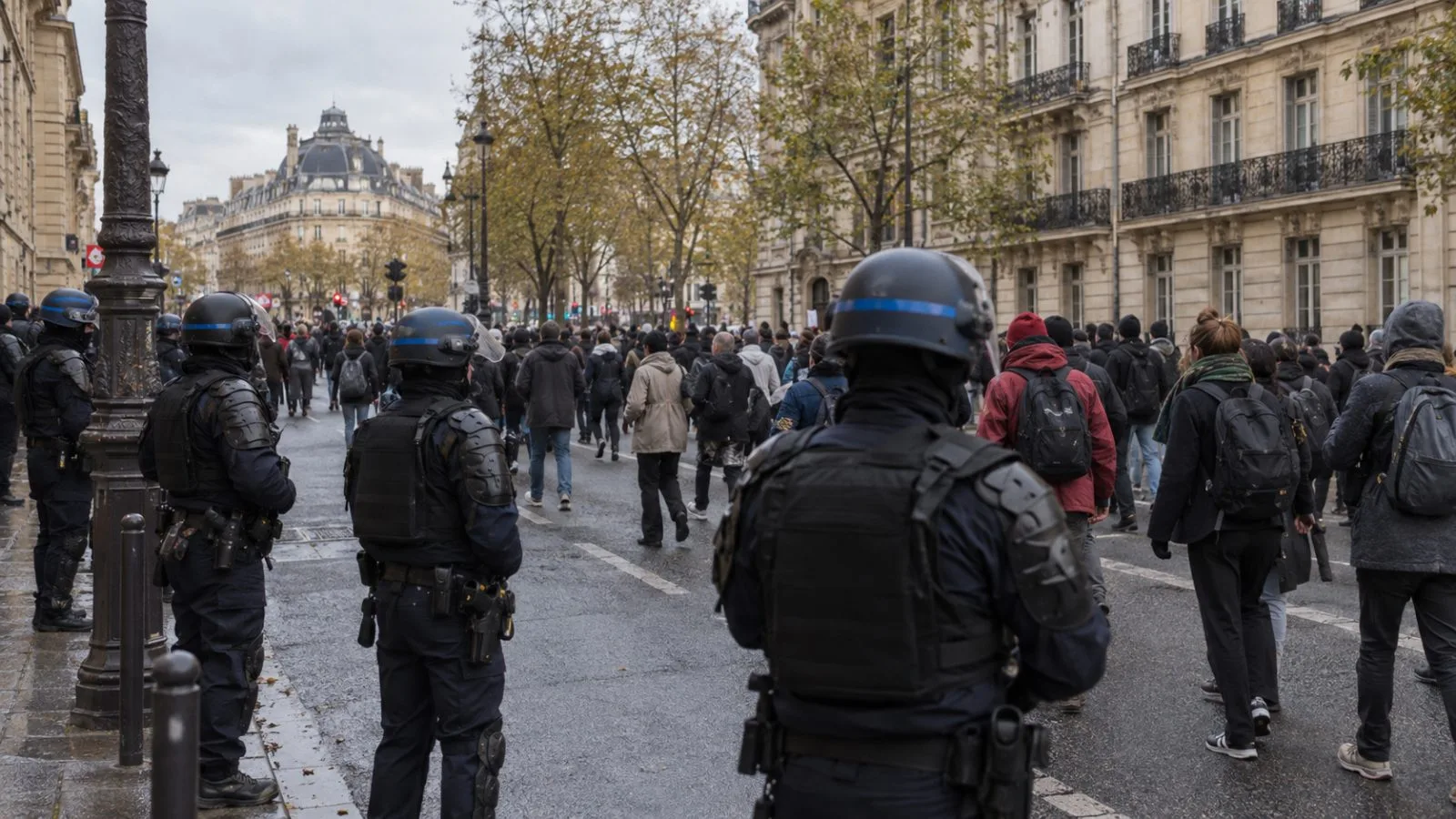 Police officers stand along a Paris street as demonstrators pass nearby. (AI-generated image / EconoTimes)