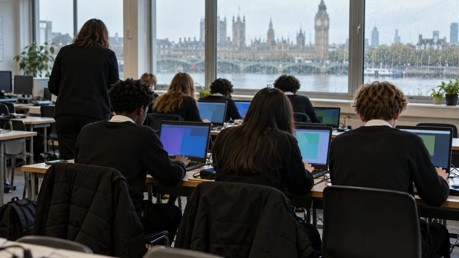 Students take part in a technology lesson in a secondary-school computer lab in London. (AI-generated image / EconoTimes)