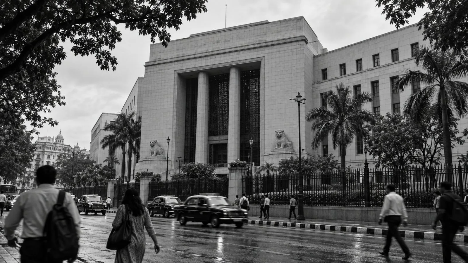 Pedestrians pass the Reserve Bank of India headquarters on Mint Road in Mumbai. (AI-generated image / EconoTimes)