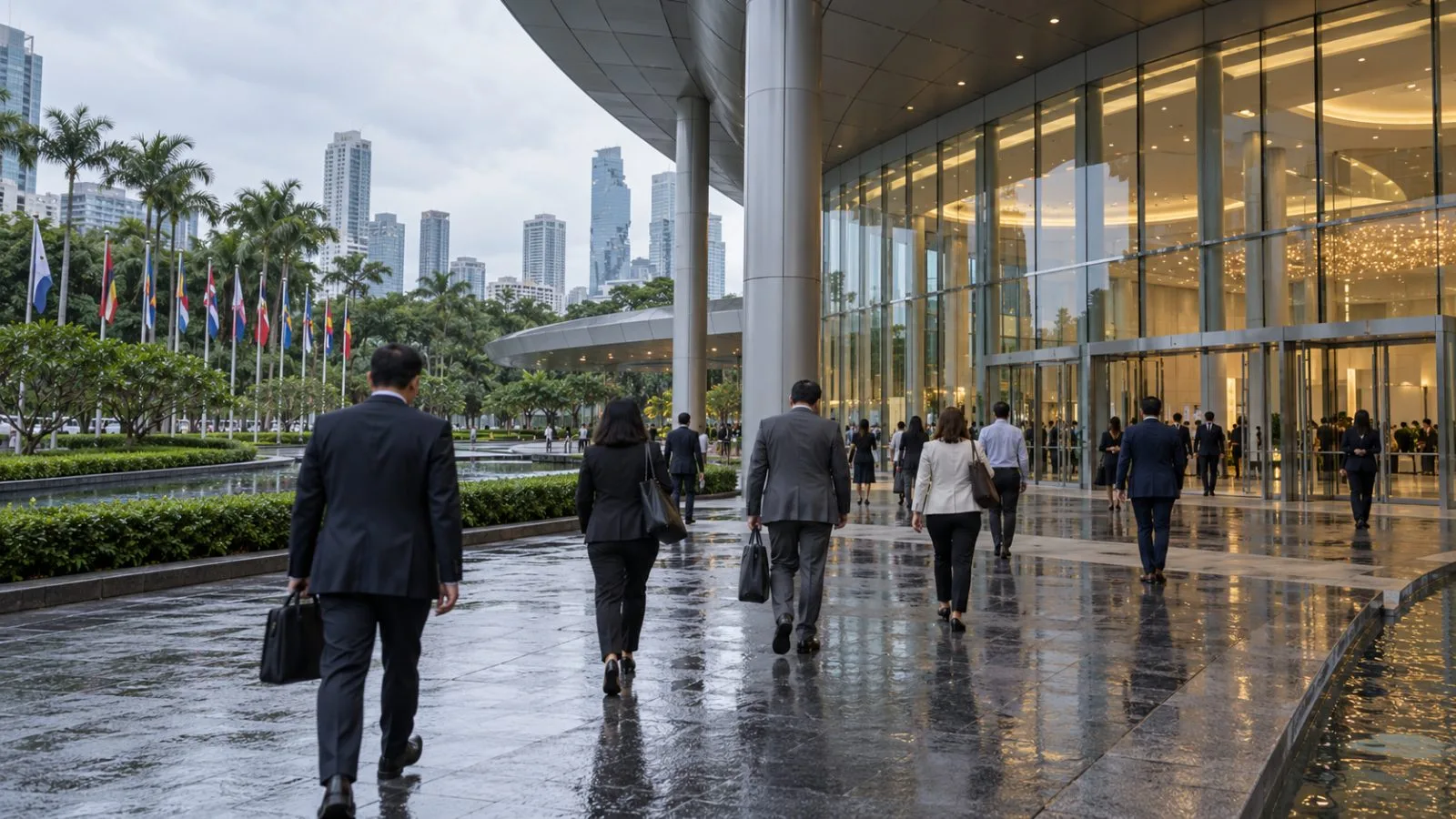 Delegates enter a conference venue during international financial meetings in Bangkok, Thailand. / EconoTimes.ai