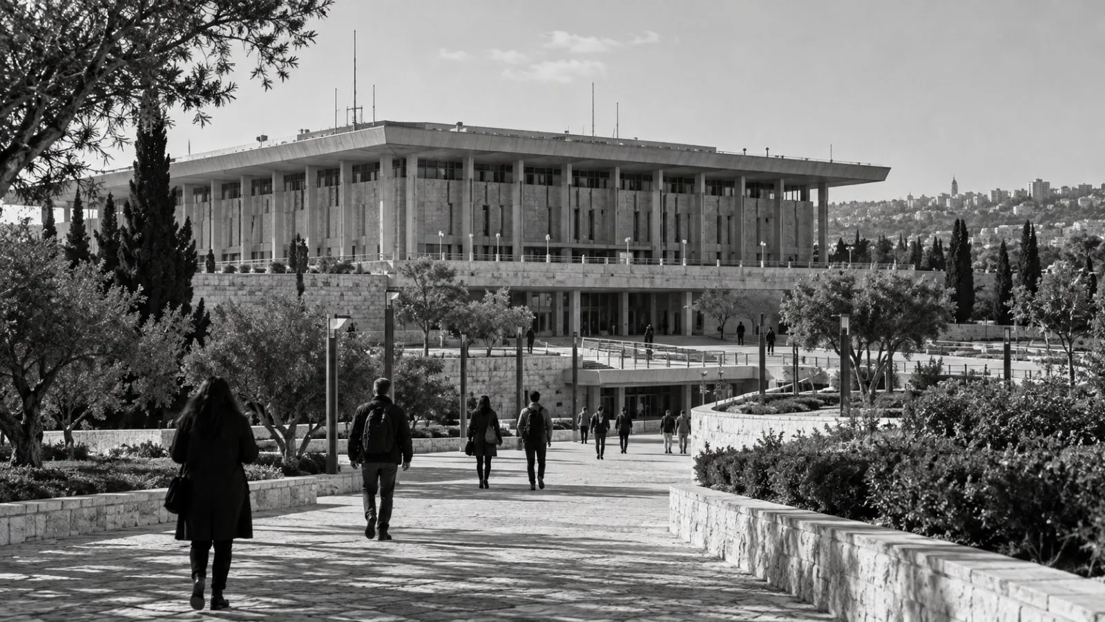 Pedestrians approach the Knesset building in Jerusalem on a clear morning. (AI-generated image / EconoTimes)