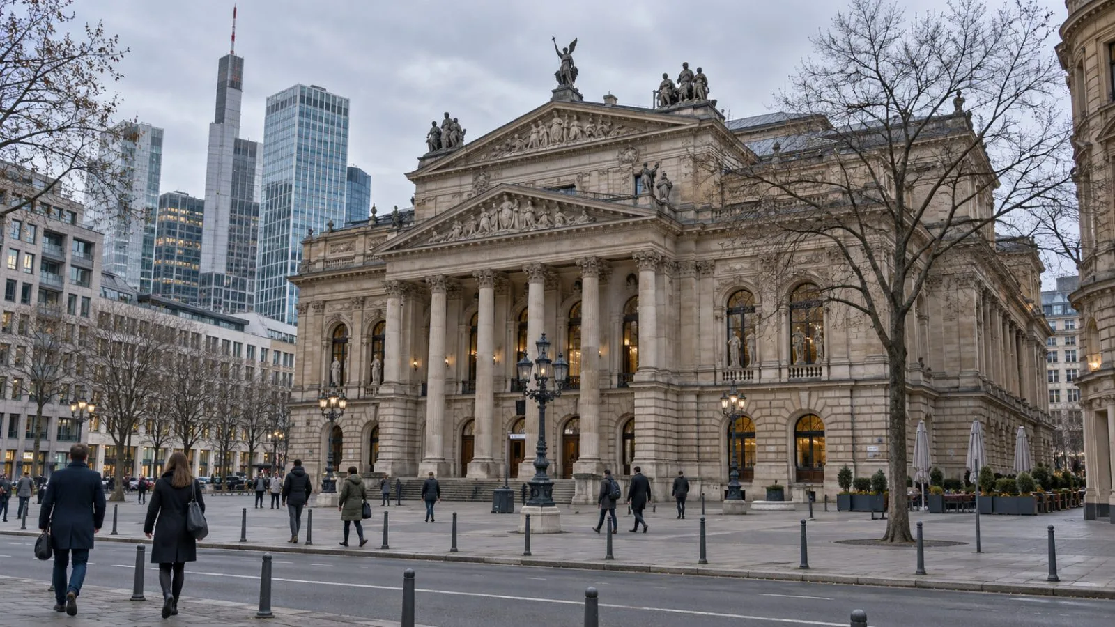 Pedestrians pass the Frankfurt Stock Exchange in Frankfurt under an overcast sky. (AI-generated image / EconoTimes)