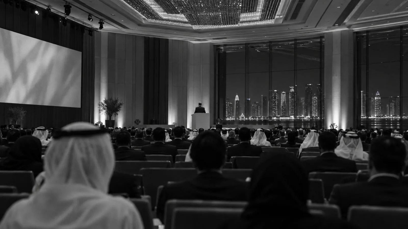 Attendees face a speaker onstage at the Global Security Forum in Doha. (AI-generated image / EconoTimes)