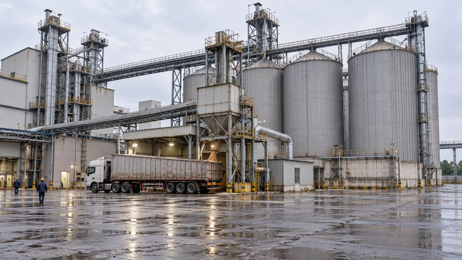 Malt silos and grain conveyors rise above an industrial plant in Yancheng, Jiangsu. / EconoTimes.ai