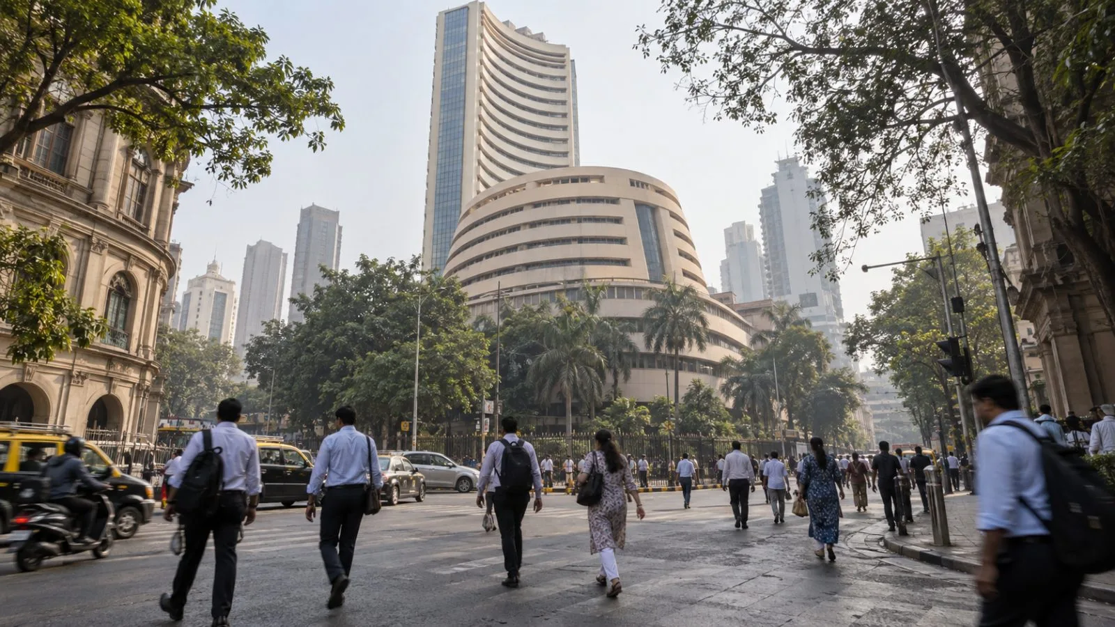 Commuters pass the Bombay Stock Exchange building on Dalal Street in Mumbai. (AI-generated image / EconoTimes)