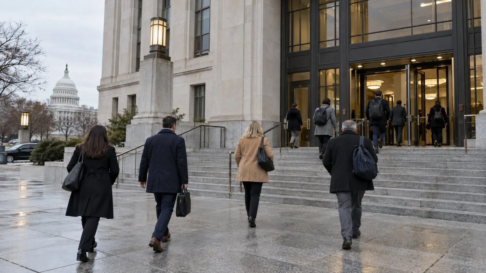 Public workers enter a government office building in Washington, D.C. (AI-generated image / EconoTimes)