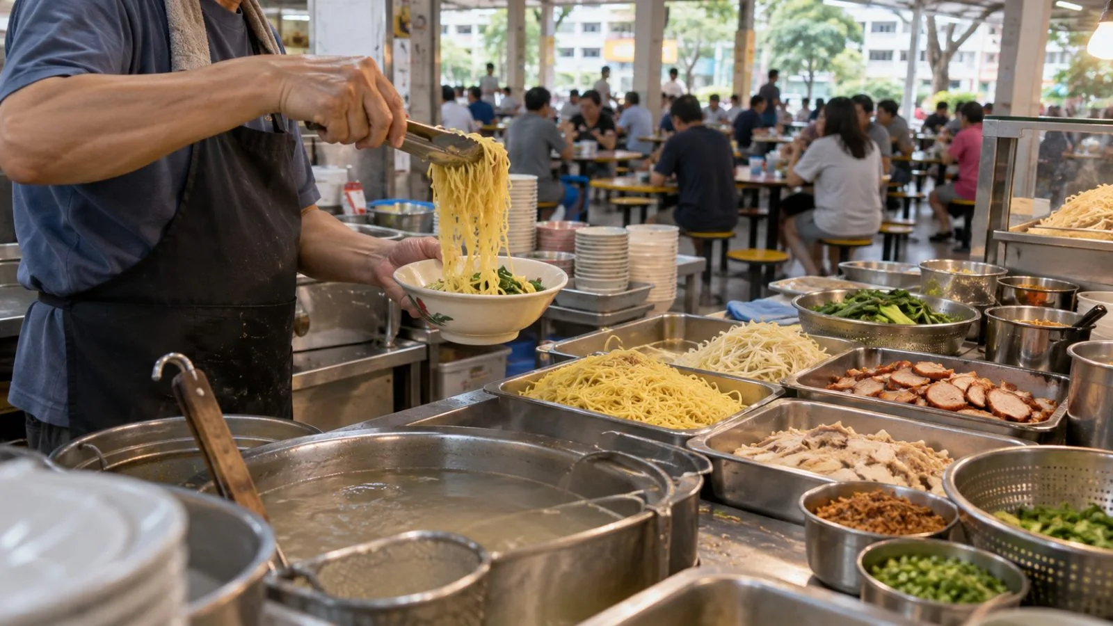 A hawker portions noodles at 216 Bedok Food Centre in Singapore. (AI-generated image / EconoTimes)