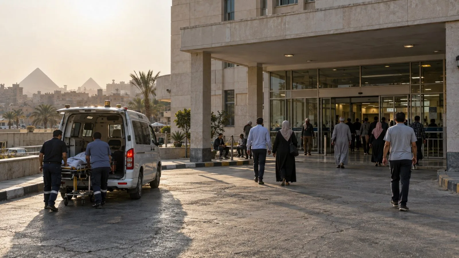An ambulance waits outside a hospital emergency entrance in Giza, Egypt. (AI-generated image / EconoTimes)
