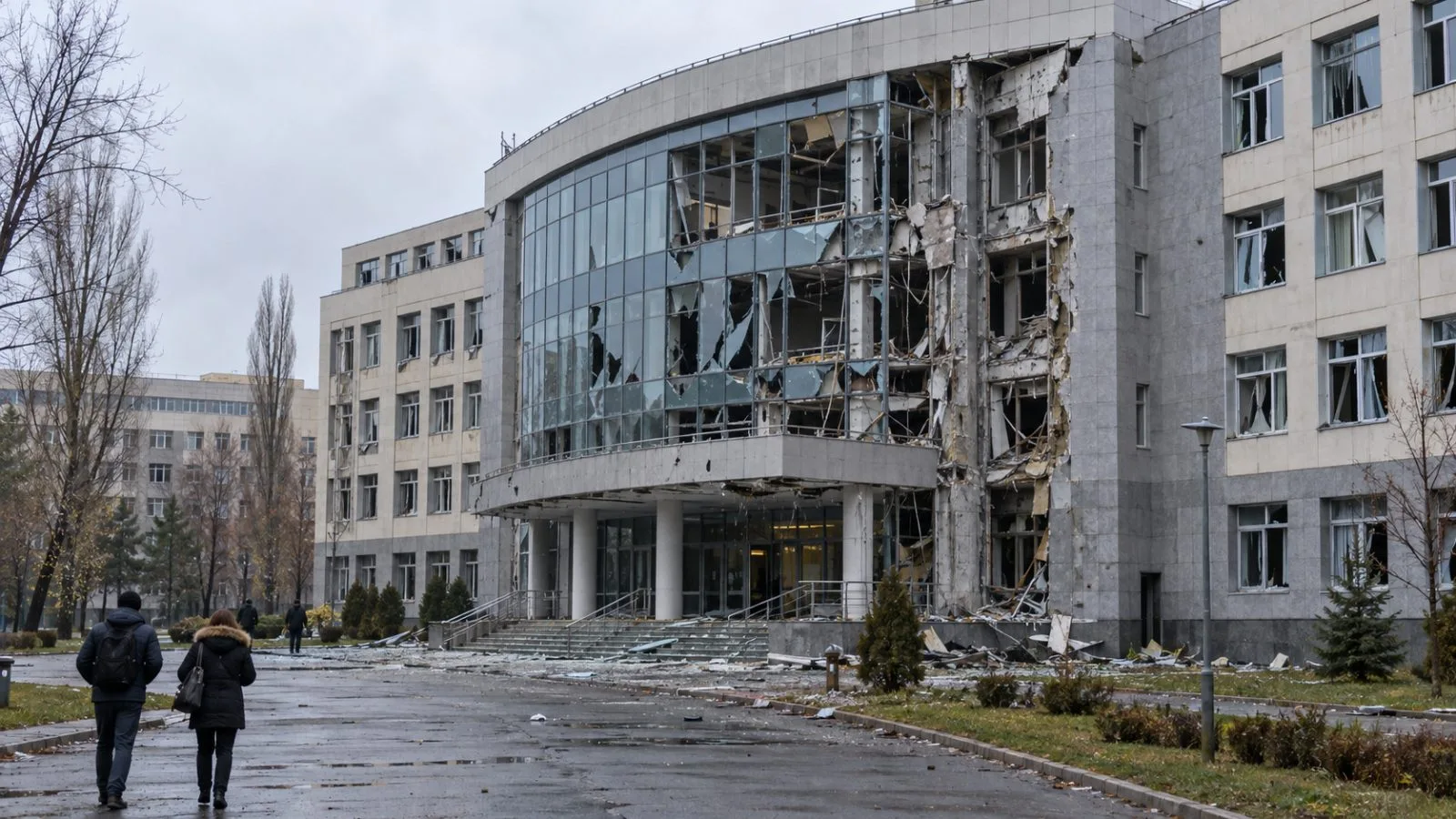 Damage is visible at a university building in Kyiv's Desnianskyi district after overnight attacks. (AI-generated image / EconoTimes)