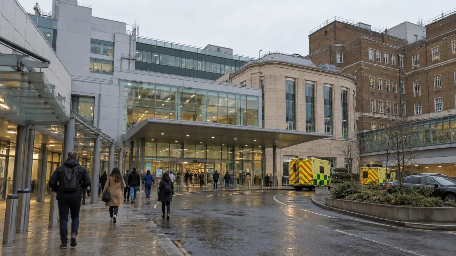 Visitors walk toward a hospital entrance in London on an overcast morning. (AI-generated image / EconoTimes)