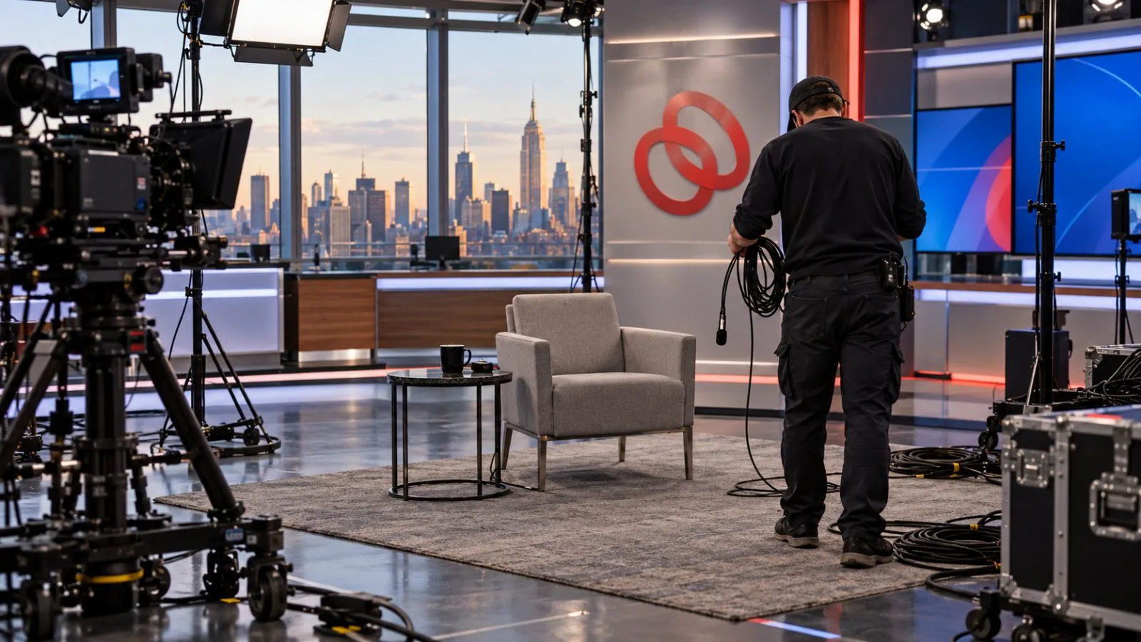 A crew member coils a microphone cable beside an interview set in New York City. (AI-generated image / EconoTimes)