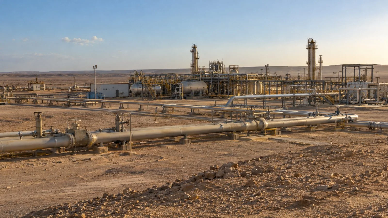 Pipes and valves stand at the Al-Rashad gas field south of Brega, eastern Libya (AI-generated image / EconoTimes)