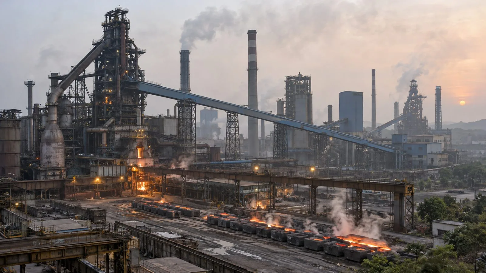 Blast furnaces and pipework rise above an integrated steel plant in Bokaro, Jharkhand, India. (AI-generated image / EconoTimes)