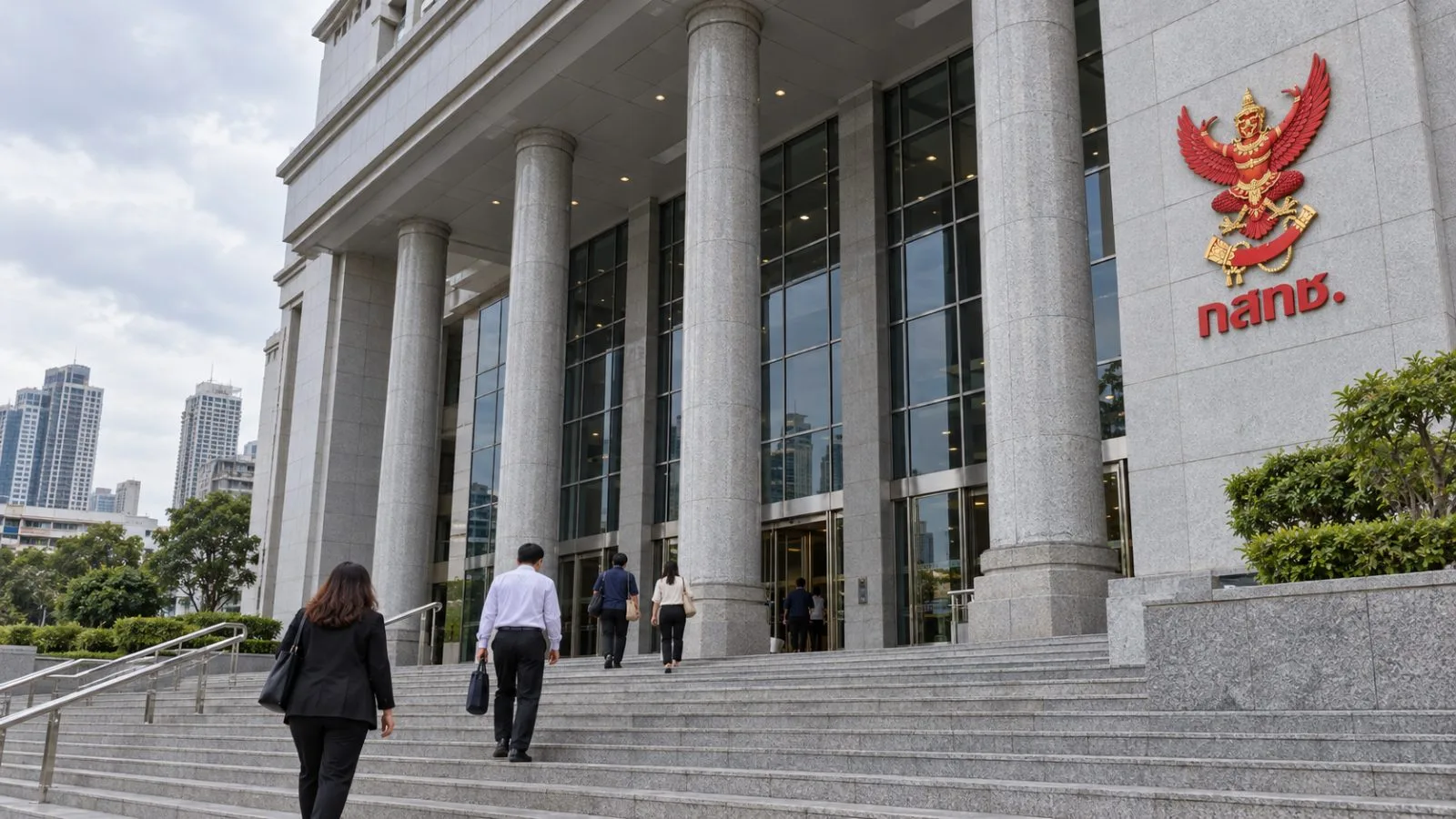 Visitors climb the steps of Thailand’s Central Administrative Court in Bangkok under an overcast sky. / EconoTimes.ai