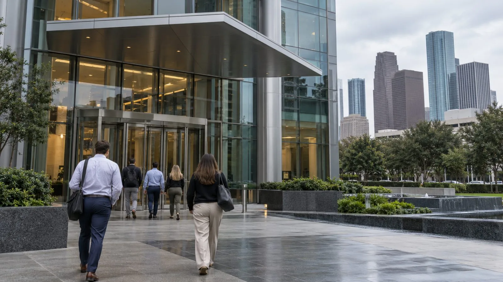 Employees enter Halliburton's headquarters in Houston, Texas, on an overcast morning. (AI-generated image / EconoTimes)