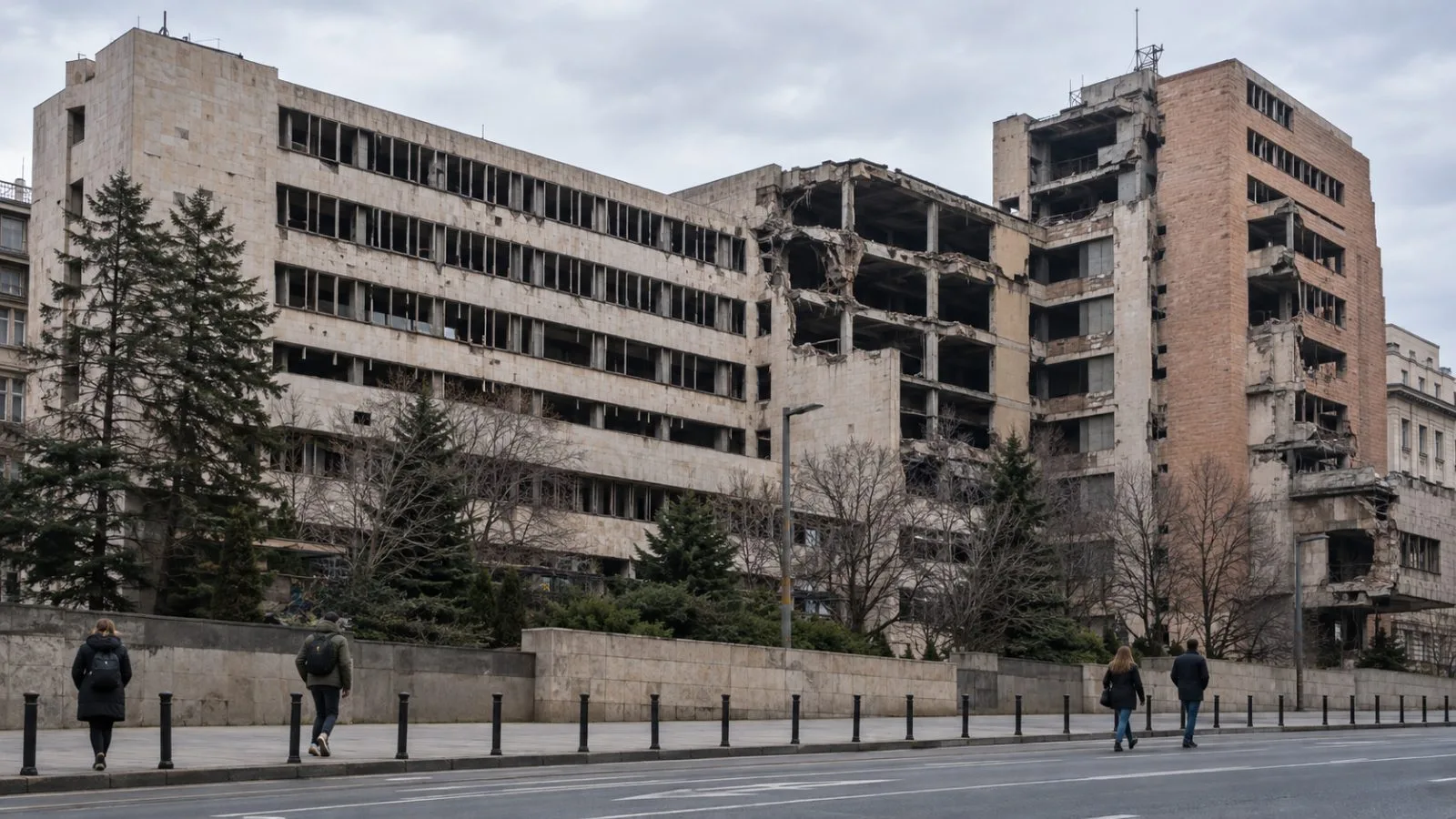 Pedestrians pass the General Staff military complex in Belgrade, Serbia. (AI-generated image / EconoTimes)