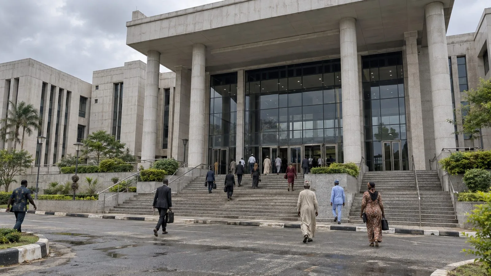 Court attendees enter the Federal Capital Territory High Court in Apo, Abuja. (AI-generated image / EconoTimes)