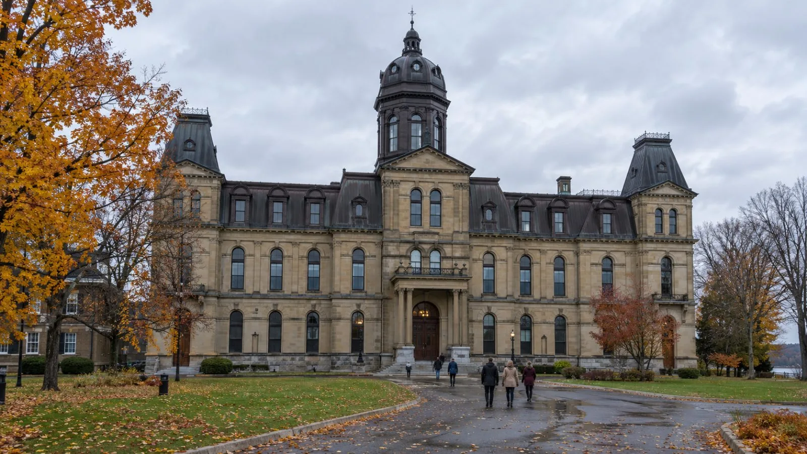 Visitors approach the New Brunswick Legislative Building in Fredericton on an overcast autumn morning. (AI-generated image / EconoTimes)
