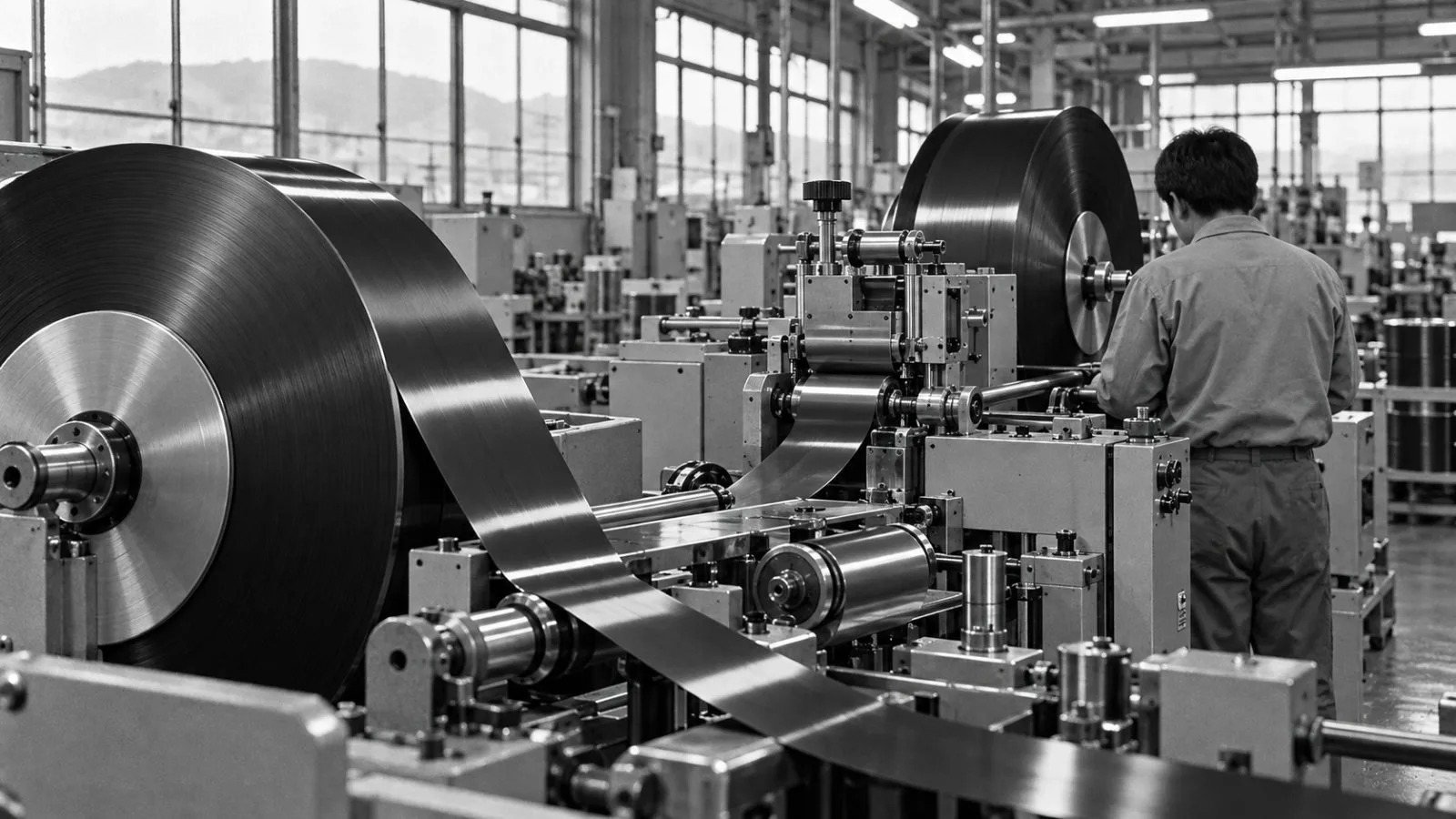 Magnetic tape reels sit beside winding equipment at Fujifilm’s Odawara factory in Japan. / EconoTimes.ai