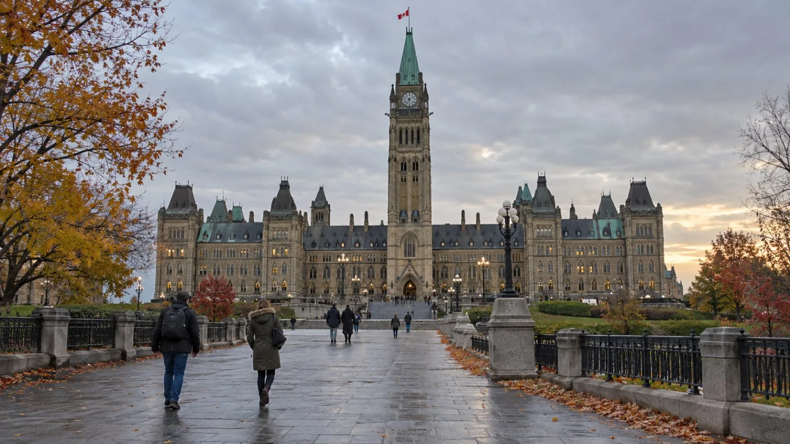 Pedestrians pass the Parliament of Canada in Ottawa under an overcast sky. (AI-generated image / EconoTimes)