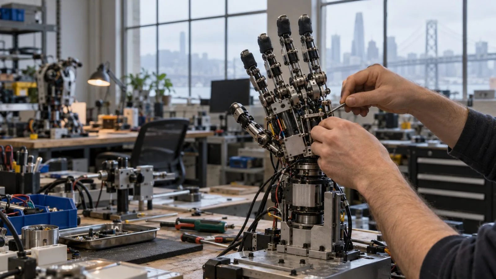 An engineer tests a robotic hand with exposed actuators at a San Francisco robotics lab. (AI-generated image / EconoTimes)