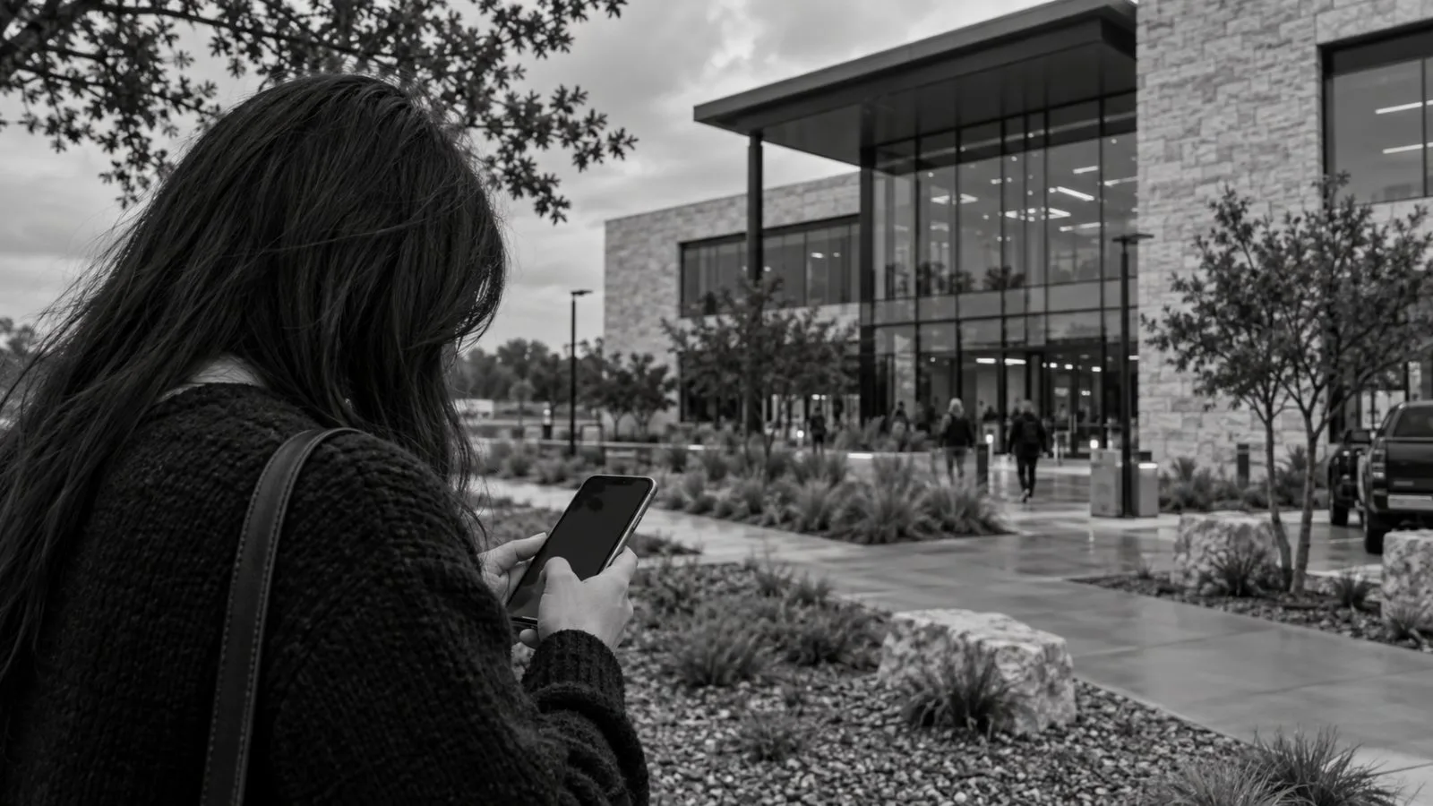 A person views a smartphone outside an office building in Bastrop, Texas. (AI-generated image / EconoTimes)