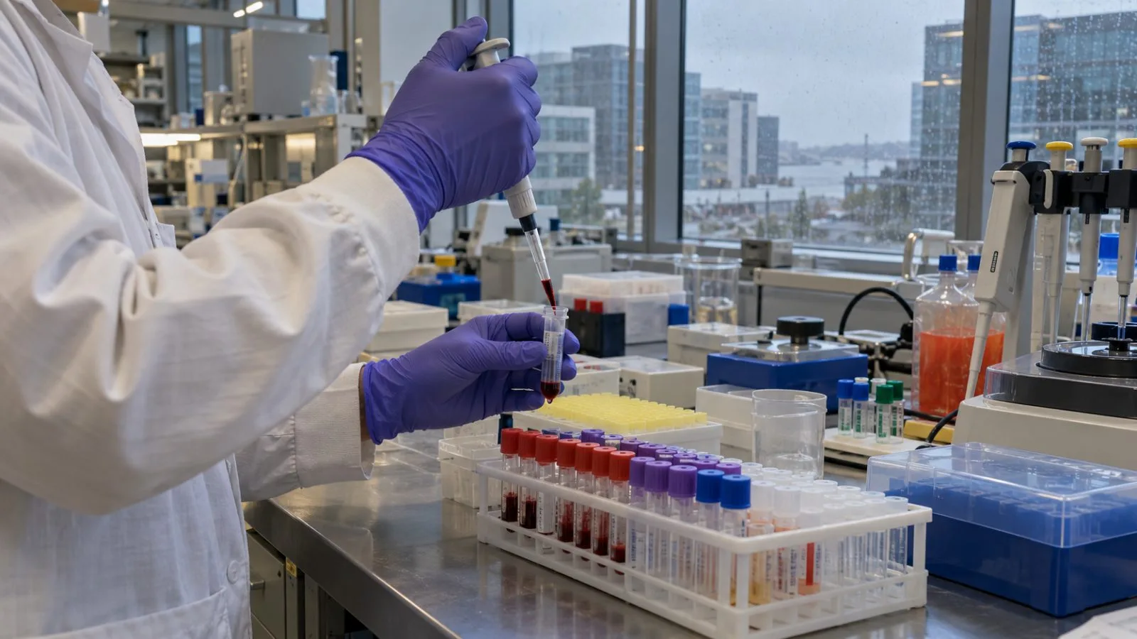 A technician prepares blood samples in a biomedical research laboratory in San Francisco, California. (AI-generated image / EconoTimes)