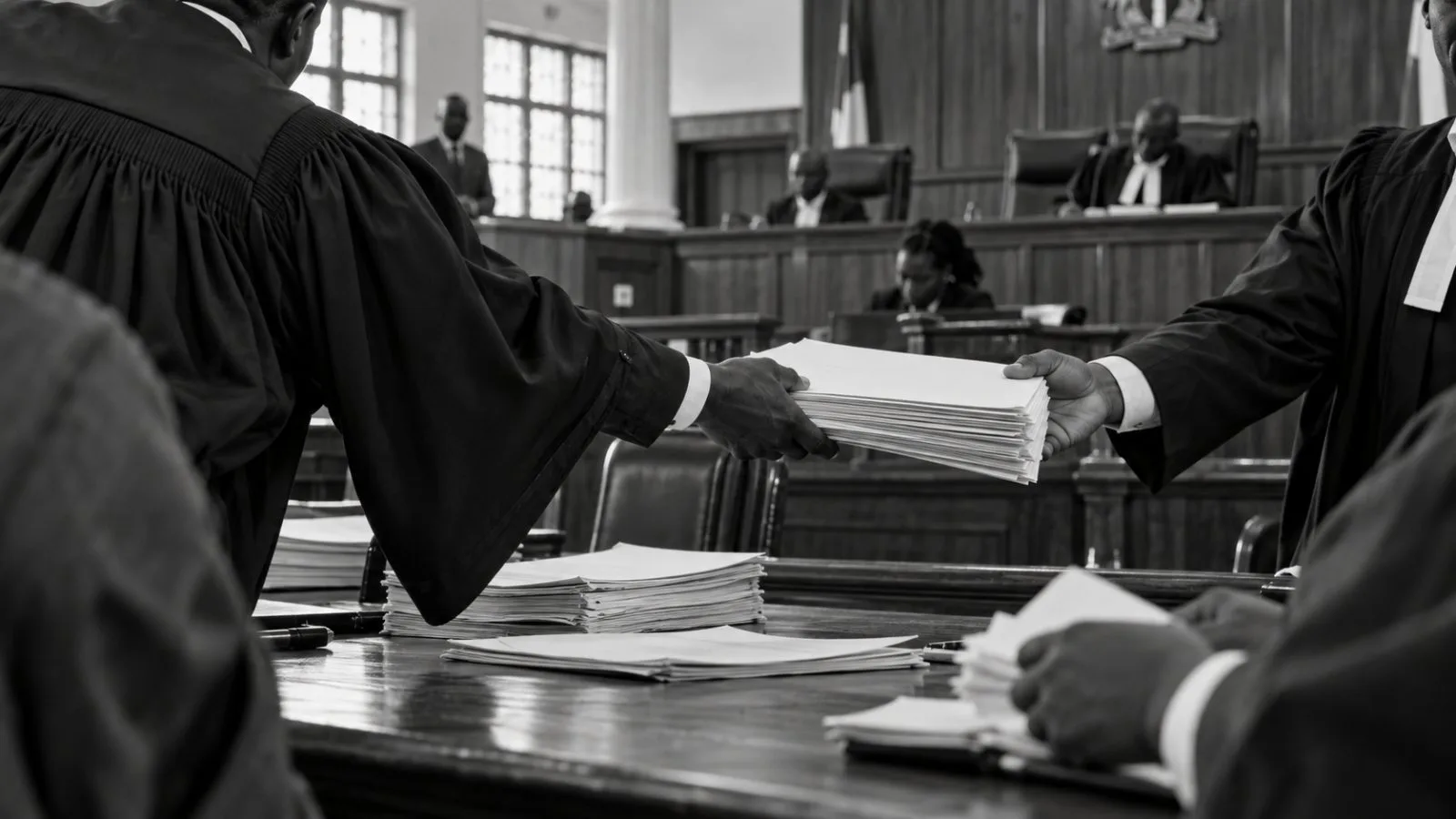 Lawyers review election result forms during a tribunal hearing in Ado-Ekiti, Nigeria. (AI-generated image / EconoTimes)