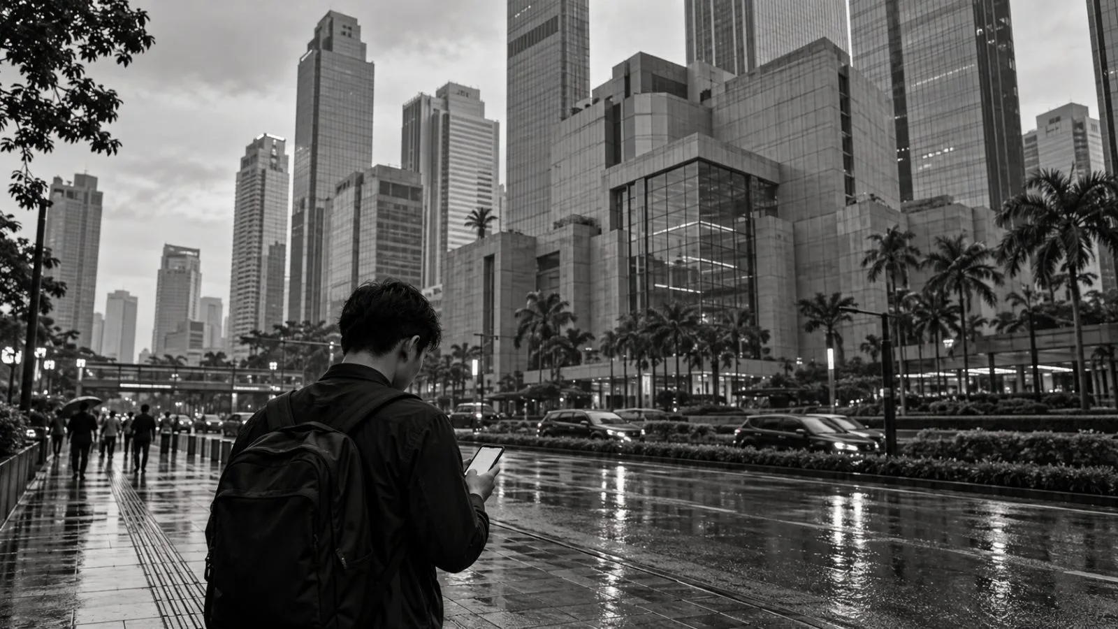 A passerby checks a smartphone outside the Indonesia Stock Exchange in Jakarta, Indonesia. (AI-generated image / EconoTimes)