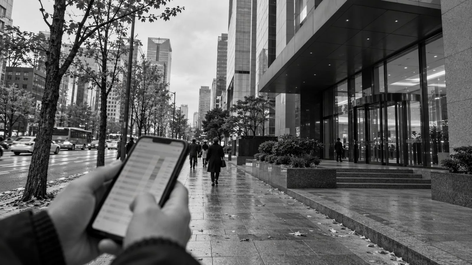 A phone displays trader position data outside an office building in Seoul. (AI-generated image / EconoTimes)