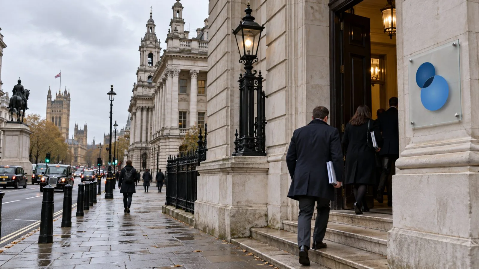 Staff enter a government building on Whitehall in London under overcast skies. / EconoTimes.ai