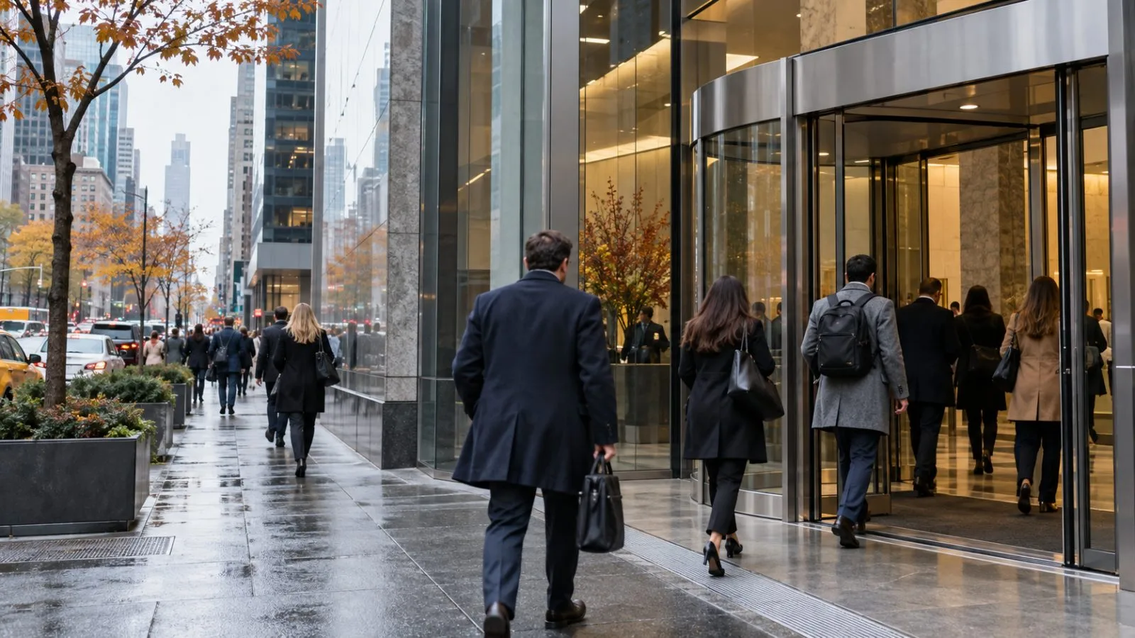 Employees enter the Omnicom headquarters in Manhattan, New York, on an overcast autumn morning. (AI-generated image / EconoTimes)