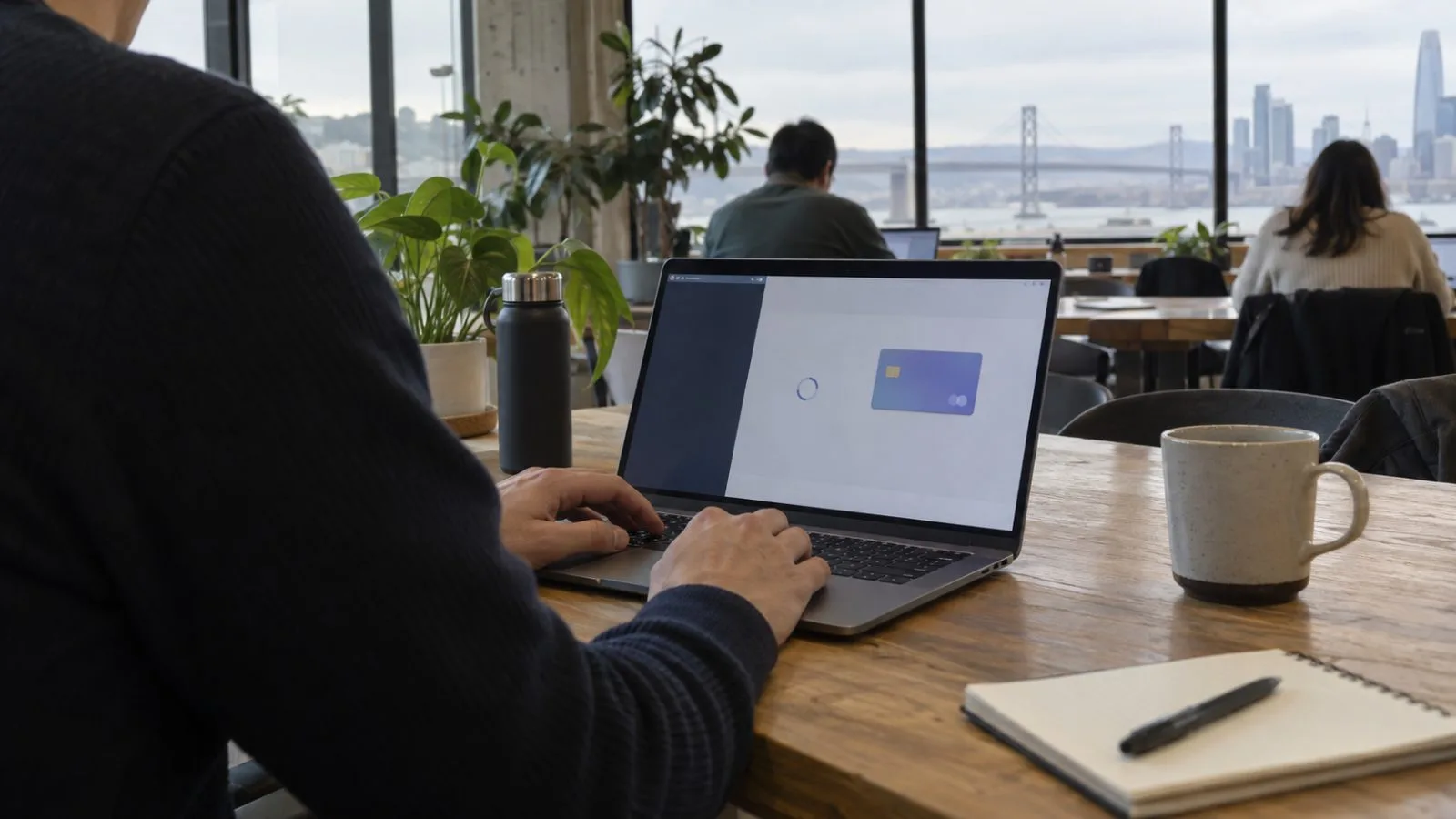 A hand works at a laptop in a shared workspace in San Francisco. (AI-generated image / EconoTimes)