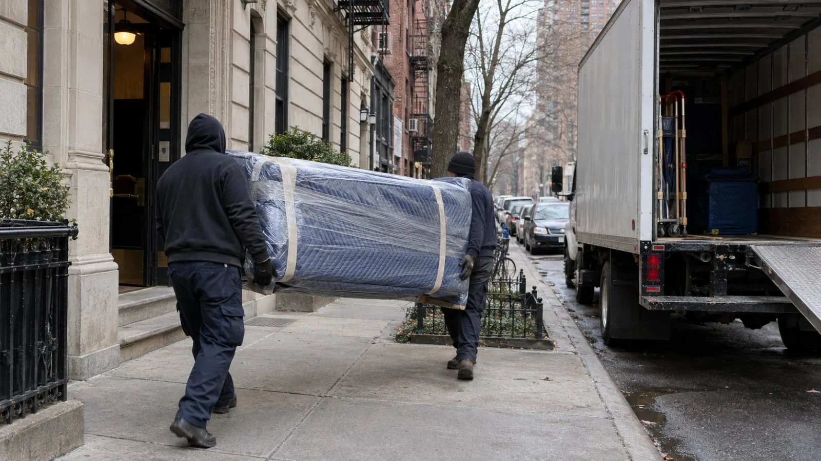 Movers carry wrapped furniture from a Chelsea apartment building in New York City (AI-generated image / EconoTimes)