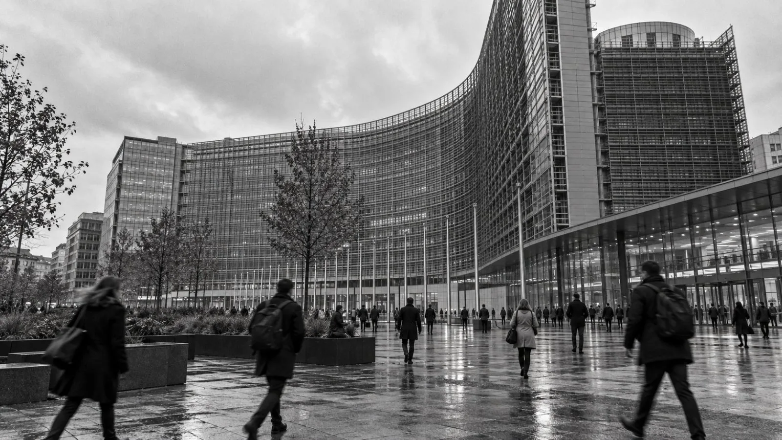 Pedestrians pass the European Commission's Berlaymont headquarters in Brussels under a gray autumn sky. (AI-generated image / EconoTimes)