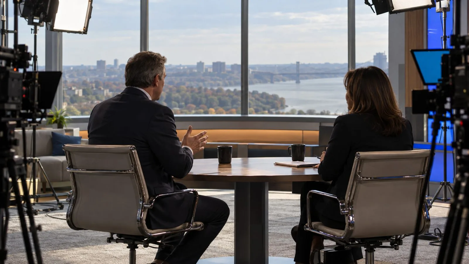 Anonymous figures sit across an interview table in a broadcast studio in Englewood Cliffs, New Jersey (AI-generated image / EconoTimes)