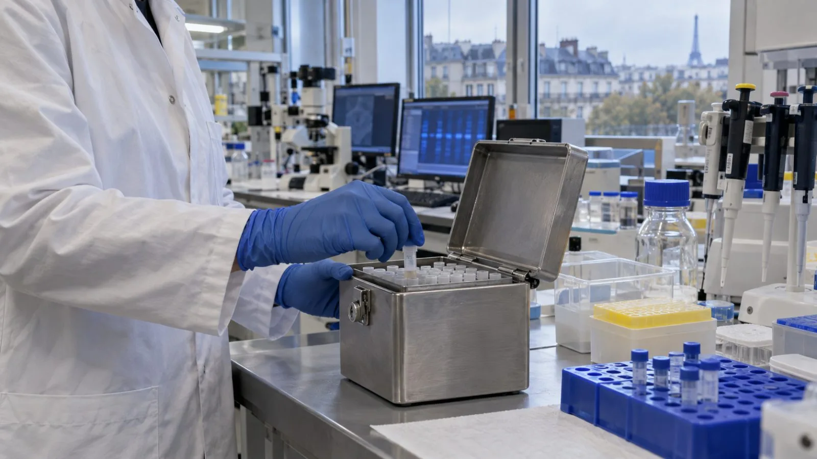 A technician handles a sealed sample tube inside a DNA laboratory in Paris, France (AI-generated image / EconoTimes)